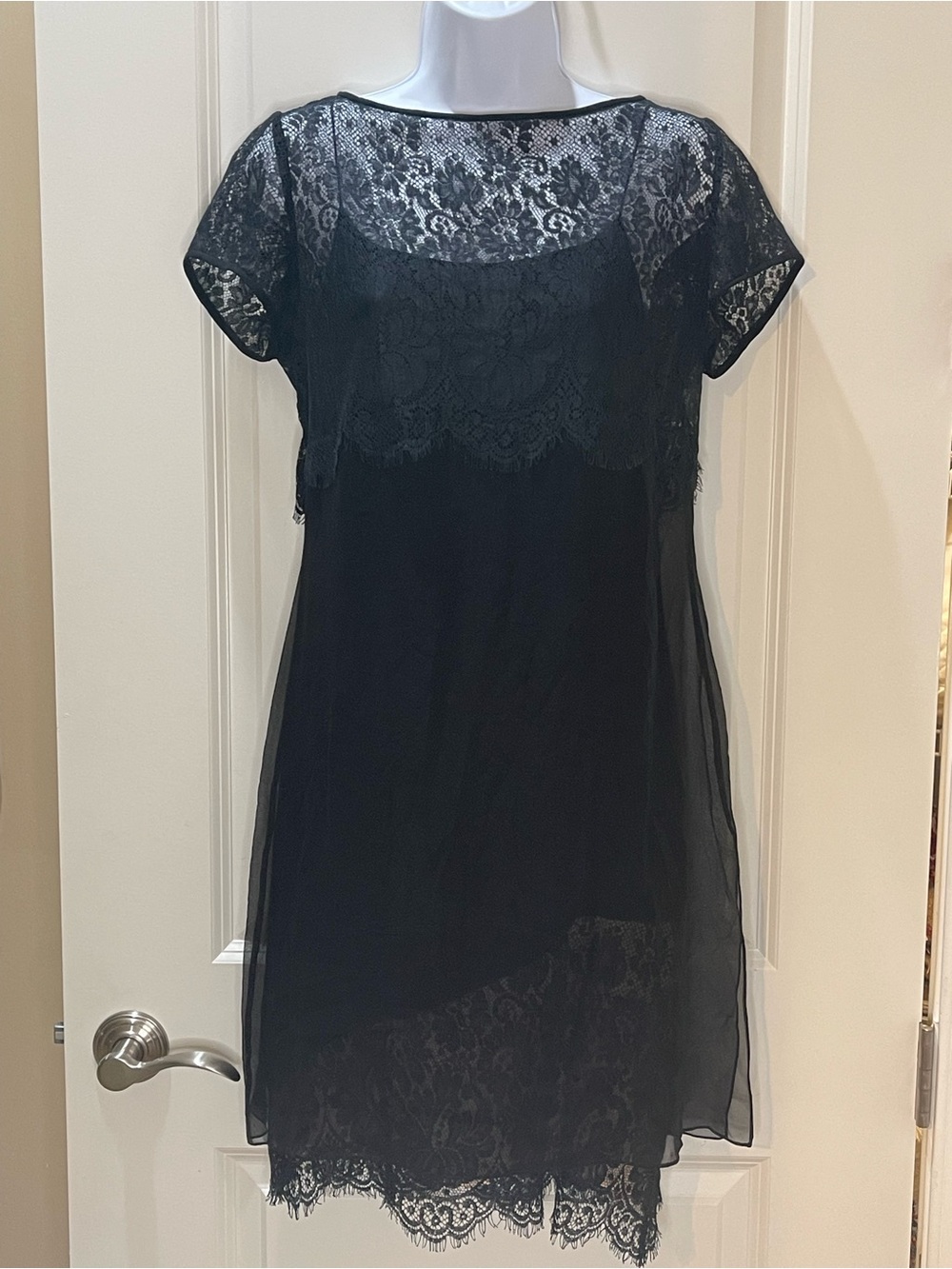 Neiman Marcus Vintage Silk Black Lace Cocktail Dress with Sheer Overlay 6